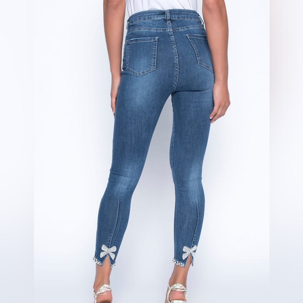 FRANK LYMAN Montreal • Blue Denim Slim 🎀 Crystal Bow & Pearl sparkely Jeans 👖 ⭐️ - Picture 4 of 16